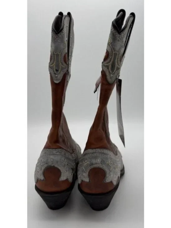 Rockin Country Cowboy Boots Cowgirl Brown Blue Leather Embroidered Women's 6.5 W - Picture 4 of 8